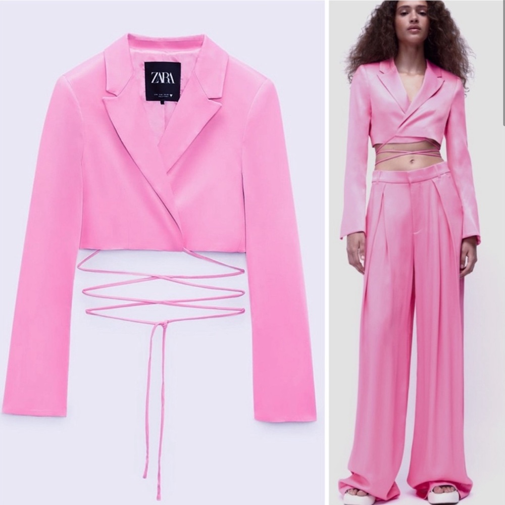 Zara Set Satin Cropped Blazer and Wide Pants Pink